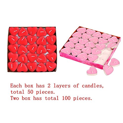 JZK 50 Rosso + 50 Rosa lumini Cera Cuore Piccoli Candele Rosse per Matrimonio San Valentino candeline Cuore in Piccoli Bicchierini di Metalli Alluminio Tea Light - 2