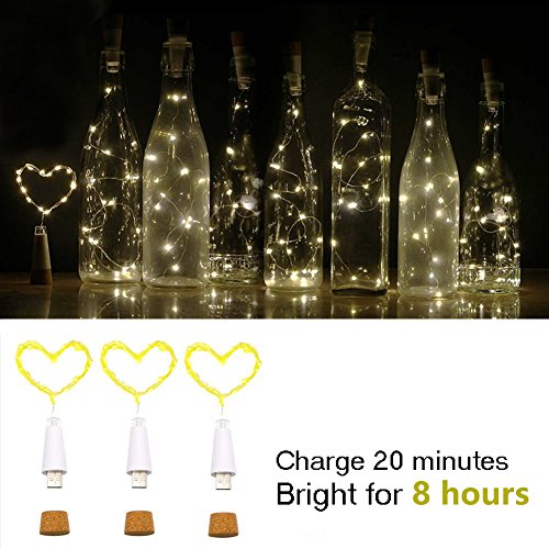 LED Bottiglia di sughero Luci, USB alimentato ricaricabile, 1.9m Filo di rame con 20 LED Stellato Luci a corda, per DIY arredamento All'aperto BBQ raduno Festa Nozze Vacanza (3 Pezzi, Bianco caldo) - 2