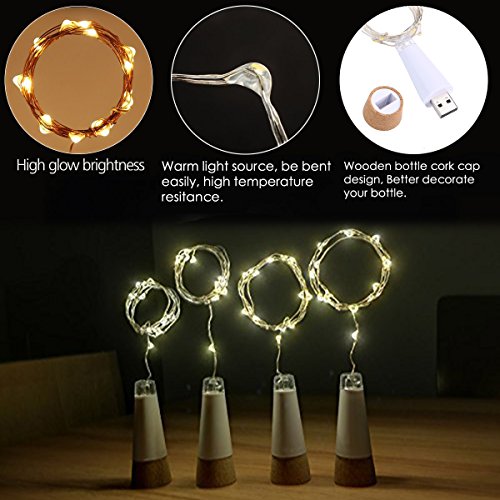 LED Bottiglia di sughero Luci, USB alimentato ricaricabile, 1.9m Filo di rame con 20 LED Stellato Luci a corda, per DIY arredamento All'aperto BBQ raduno Festa Nozze Vacanza (3 Pezzi, Bianco caldo) - 5