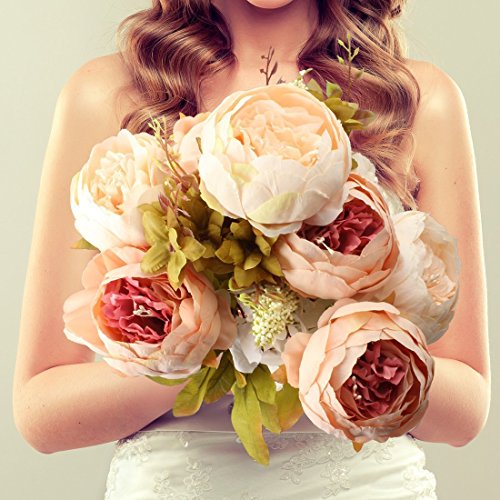 Amkun - Bouquet vintage di peonie artificiali in seta, ornamento per casa e matrimoni, confezione da 1 Champagne - 5