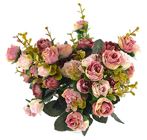 Fiori secchi e confezione da 21 pezzi, in seta, a forma di rose, finto bouquet, matrimonio, decorazione per la casa, confezione da 2 pezzi, color rosa e caffè - 3