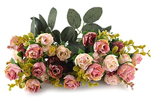 Fiori secchi e confezione da 21 pezzi, in seta, a forma di rose, finto bouquet, matrimonio, decorazione per la casa, confezione da 2 pezzi, color rosa e caffè - 4