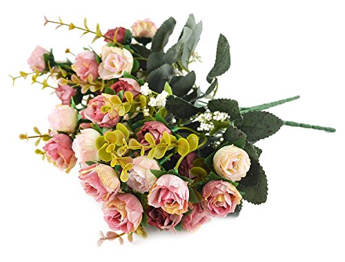 Fiori secchi e confezione da 21 pezzi, in seta, a forma di rose, finto bouquet, matrimonio, decorazione per la casa, confezione da 2 pezzi, color rosa e caffè - 5