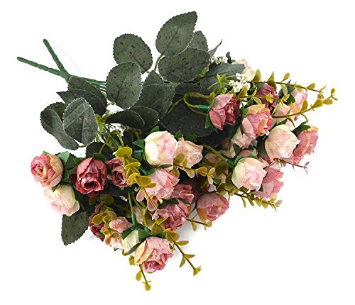 Fiori secchi e confezione da 21 pezzi, in seta, a forma di rose, finto bouquet, matrimonio, decorazione per la casa, confezione da 2 pezzi, color rosa e caffè - 6