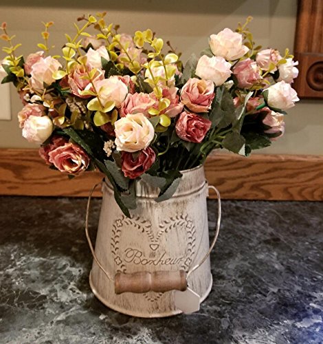 Fiori secchi e confezione da 21 pezzi, in seta, a forma di rose, finto bouquet, matrimonio, decorazione per la casa, confezione da 2 pezzi, color rosa e caffè - 8