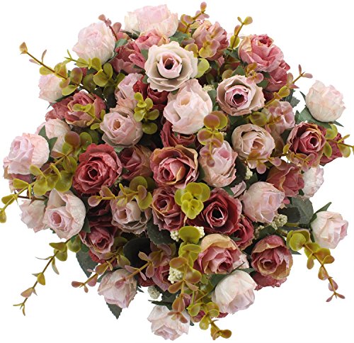 Amkun, mazzo di rose artificiali, costituito da 7 rami e 21 rose, realizzato in seta. Bouquet decorativo, ideale per case, feste, matrimoni. La confezione contiene 2 mazzi Pink Coffee - 2