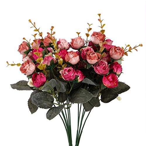  Houda - Bouquet di rose artificiali in seta, rami con boccioli e foglie, decorazione floreale per matrimonio, confezione da 2 Rose Coffee - 3