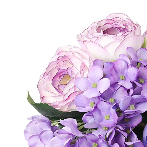 Felice - Bouquet di fiori artificiali in seta, con 7 ortensie e rose tea, 30 cm, per matrimoni, stanze, casa, hotel, decorazioni per feste e regali per festività Purple - 3