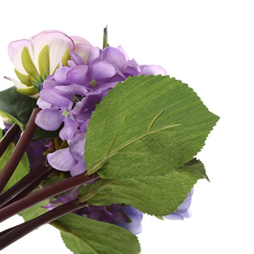 Felice - Bouquet di fiori artificiali in seta, con 7 ortensie e rose tea, 30 cm, per matrimoni, stanze, casa, hotel, decorazioni per feste e regali per festività Purple - 4