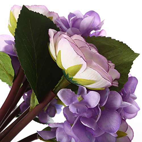 Felice - Bouquet di fiori artificiali in seta, con 7 ortensie e rose tea, 30 cm, per matrimoni, stanze, casa, hotel, decorazioni per feste e regali per festività Purple - 5