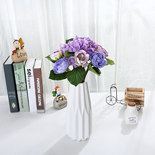 Felice - Bouquet di fiori artificiali in seta, con 7 ortensie e rose tea, 30 cm, per matrimoni, stanze, casa, hotel, decorazioni per feste e regali per festività Purple - 6