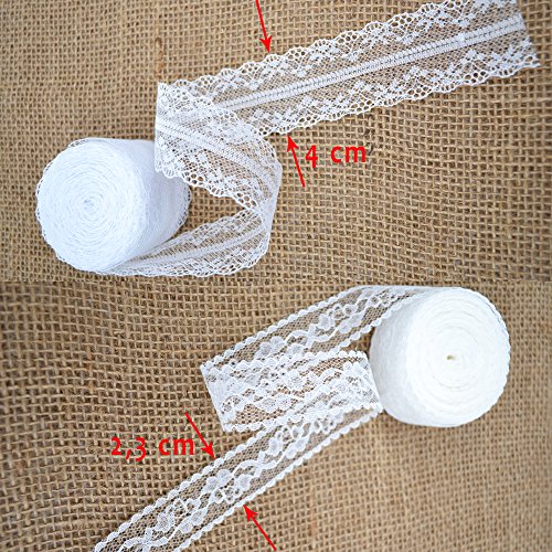 Okaytec 4 Rotoli di Nastri in Pizzo - 3 pz Nastri Pizzo Bianco di 10 Metri + 1 Nastro Raso Beige 10 Metri - Pizzo Applicazioni Floreali Fai da te Decorare - Nastro Bianco per Regali di Matrimonio - 4