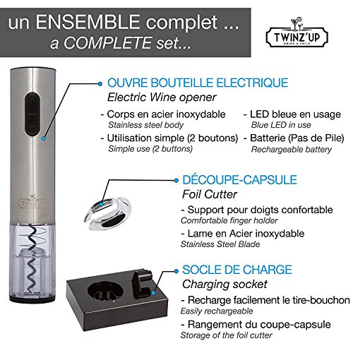 Twinz'up Cavatappi Elettrico Senza-Filo Professionale Cofanetto con Taglia-Capsula e Base di Ricarica - Batteria di Seconda Generazione – Il Regalo Ideale per Tutti Amanti del Vino e Enologia - 2
