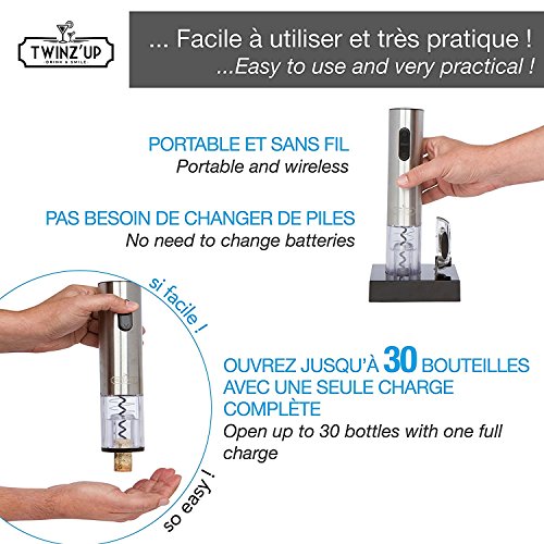 Twinz'up Cavatappi Elettrico Senza-Filo Professionale Cofanetto con Taglia-Capsula e Base di Ricarica - Batteria di Seconda Generazione – Il Regalo Ideale per Tutti Amanti del Vino e Enologia - 3