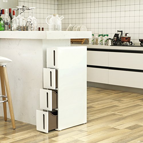 SONGMICS Carrello Mobile, Scaffale Portaoggetti Stretto con 4 Cassetti, Torre Estraibile, Scaffale da Bagno, Mobile per Cucina con Rotelle Rimovibili, PP, Salvaspazio, 45 x 17 x 84 cm, Bianco KFR08WT - 3
