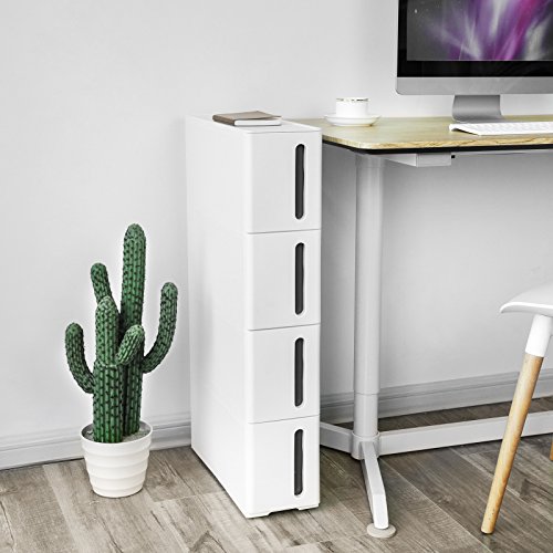 SONGMICS Carrello Mobile, Scaffale Portaoggetti Stretto con 4 Cassetti, Torre Estraibile, Scaffale da Bagno, Mobile per Cucina con Rotelle Rimovibili, PP, Salvaspazio, 45 x 17 x 84 cm, Bianco KFR08WT - 4