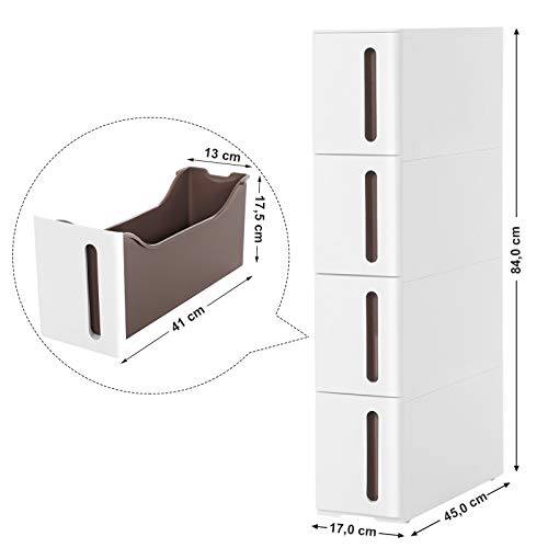 SONGMICS Carrello Mobile, Scaffale Portaoggetti Stretto con 4 Cassetti, Torre Estraibile, Scaffale da Bagno, Mobile per Cucina con Rotelle Rimovibili, PP, Salvaspazio, 45 x 17 x 84 cm, Bianco KFR08WT - 6