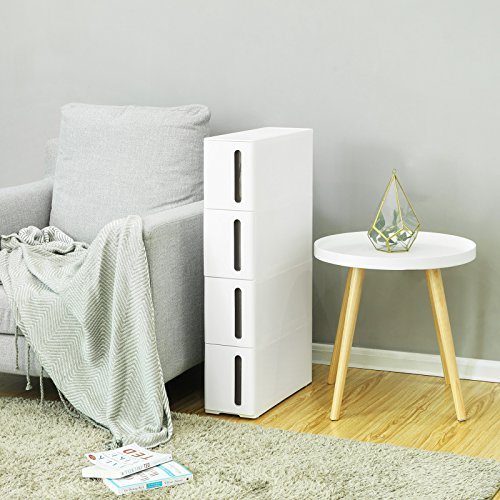 SONGMICS Carrello Mobile, Scaffale Portaoggetti Stretto con 4 Cassetti, Torre Estraibile, Scaffale da Bagno, Mobile per Cucina con Rotelle Rimovibili, PP, Salvaspazio, 45 x 17 x 84 cm, Bianco KFR08WT - 9