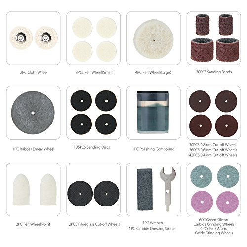Accessori per utensili rotanti,Meterk 349pcs Set di accessori per multiuso utensili rotanti 1/8″per un facile taglio, Rettifica di levigatura, Incisione di,foratura,Lucidatura,Progetto fai-da-te - 2