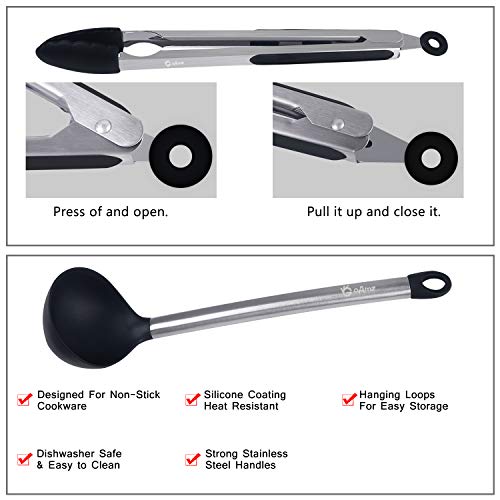 GOAMZ 9 Pezzi Utensili da Cucina,Set Utensili Cucina Silicone AntiGraffio Pentole Professionali con Porta, Acciaio Inox Antiaderente Resistente - 9