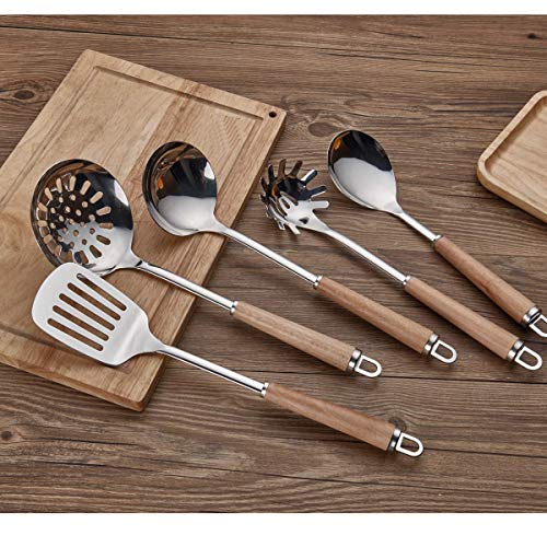 Berglander Acciaio inossidabile Manico in legno Set di utensili da cucina, Mestolo, Cucchiaio, Scrematrice, Frullino per uova, Giradadi, Server per pasta 6 pezzi. - 2