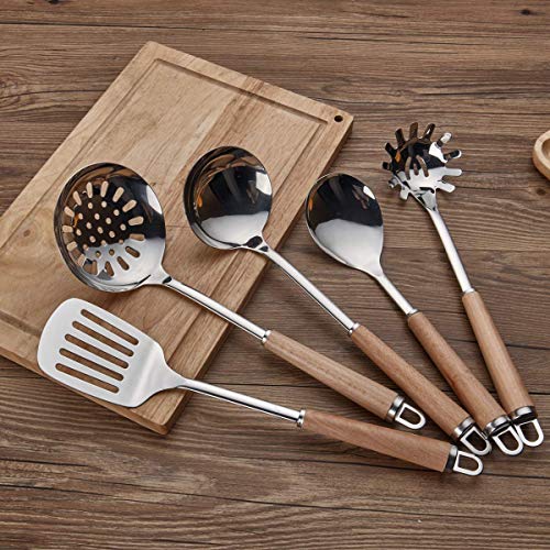 Berglander Acciaio inossidabile Manico in legno Set di utensili da cucina, Mestolo, Cucchiaio, Scrematrice, Frullino per uova, Giradadi, Server per pasta 6 pezzi. - 3