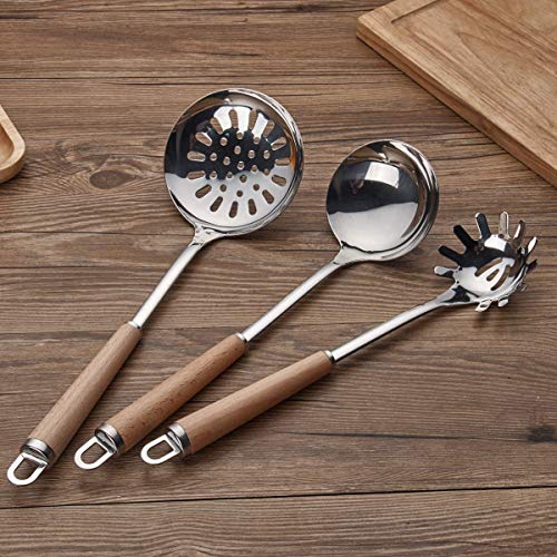 Berglander Acciaio inossidabile Manico in legno Set di utensili da cucina, Mestolo, Cucchiaio, Scrematrice, Frullino per uova, Giradadi, Server per pasta 6 pezzi. - 6