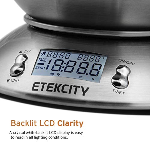 Etekcity Bilancia da Cucina Elettronica in Acciaio Inossidabile 5kg/ 11lb,Ciotola Mescolata,Timer Allarme,Indicatore Temperatura,Display Retroilluminato,D’argento - 3