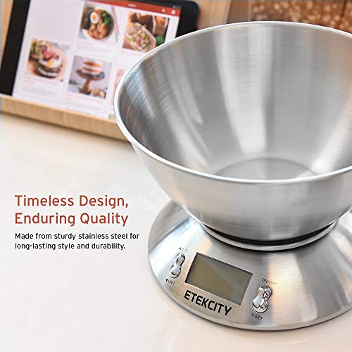 Etekcity Bilancia da Cucina Elettronica in Acciaio Inossidabile 5kg/ 11lb,Ciotola Mescolata,Timer Allarme,Indicatore Temperatura,Display Retroilluminato,D’argento - 5