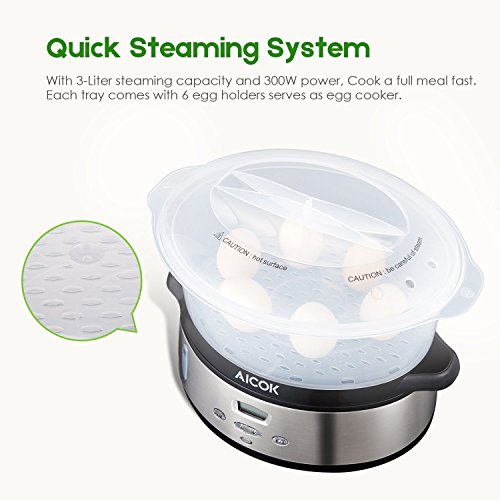 Aicok Vaporiera 9 Litri BPA Free Vaporiera Elettrica con temperatura del display a led e tempo regolabile, Vaporiera da 800 W per riso, verdure,  pollo e pesce, Nero. - 5