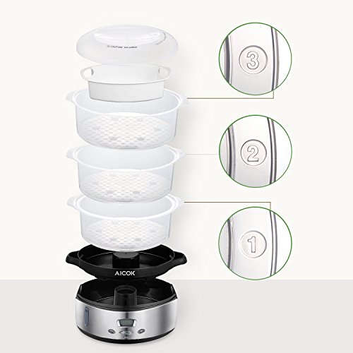 Aicok Vaporiera 9 Litri BPA Free Vaporiera Elettrica con temperatura del display a led e tempo regolabile, Vaporiera da 800 W per riso, verdure,  pollo e pesce, Nero. - 6