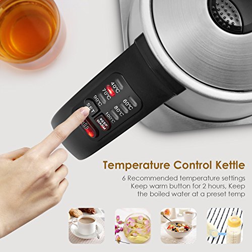 Aicok Bollitore Elettrico 6 Temperatura Regolabile(40°-100°) Bollitore in Acciaio Inox, 1.7L Bollitore da Acqua, Spegnimento Automatico, Thermally Insulated Handle, 2200W - 2