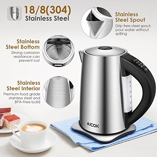 Aicok Bollitore Elettrico 6 Temperatura Regolabile(40°-100°) Bollitore in Acciaio Inox, 1.7L Bollitore da Acqua, Spegnimento Automatico, Thermally Insulated Handle, 2200W - 3