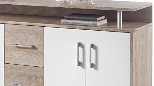 AVANTI TRENDSTORE – Comó in quercia Sonoma / bianco d’imitazione,  con 1 ripiano aperto, 3 cassetti e 4 ante a battente. Dimensioni: LAP 139x90x34 cm - 3