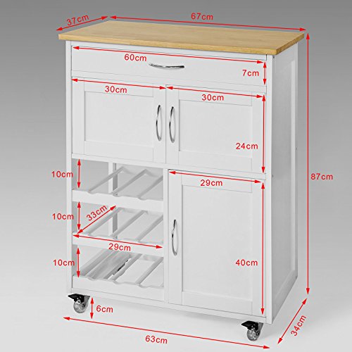 SoBuy Carrello Cucina Legno Credenza Bianca con 1 cassetto, 2 armadietti e 2 portabottiglie, Piano in Legno di Hevea L67P37A87cm FKW45-WN - 2