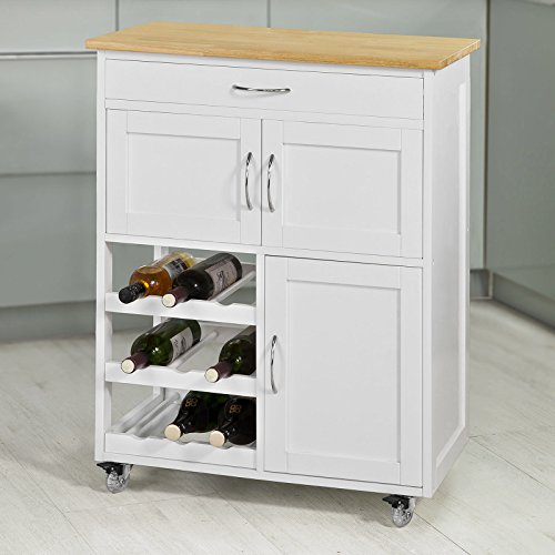 SoBuy Carrello Cucina Legno Credenza Bianca con 1 cassetto, 2 armadietti e 2 portabottiglie, Piano in Legno di Hevea L67P37A87cm FKW45-WN - 3