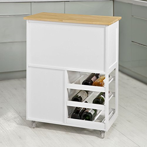SoBuy Carrello Cucina Legno Credenza Bianca con 1 cassetto, 2 armadietti e 2 portabottiglie, Piano in Legno di Hevea L67P37A87cm FKW45-WN - 4
