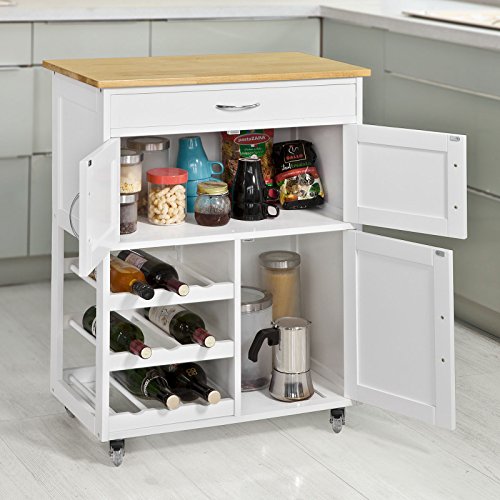 SoBuy Carrello Cucina Legno Credenza Bianca con 1 cassetto, 2 armadietti e 2 portabottiglie, Piano in Legno di Hevea L67P37A87cm FKW45-WN - 5