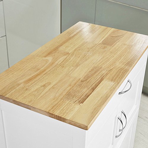 SoBuy Carrello Cucina Legno Credenza Bianca con 1 cassetto, 2 armadietti e 2 portabottiglie, Piano in Legno di Hevea L67P37A87cm FKW45-WN - 6