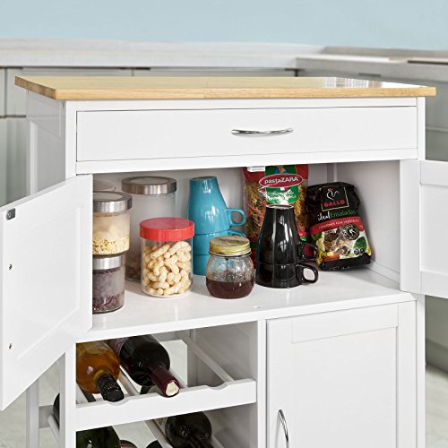 SoBuy Carrello Cucina Legno Credenza Bianca con 1 cassetto, 2 armadietti e 2 portabottiglie, Piano in Legno di Hevea L67P37A87cm FKW45-WN - 9