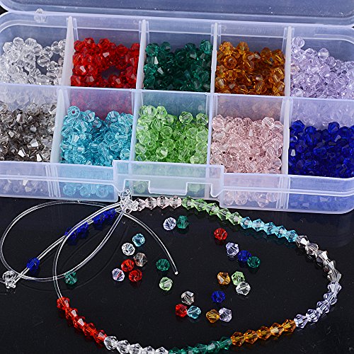 (6mm+4mm) 1500pz Perline Cristallo Sfaccettato Colorate + (5m*1mm) 2 Rotoli Filo Elastico Bianco Perle Vetro Acrilico con Scatola per Fai da Te Braccialetti Gioielli Collane Bigiotteria Tenda - 3