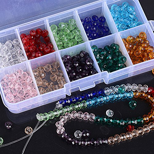 (6mm+4mm) 1500pz Perline Cristallo Sfaccettato Colorate + (5m*1mm) 2 Rotoli Filo Elastico Bianco Perle Vetro Acrilico con Scatola per Fai da Te Braccialetti Gioielli Collane Bigiotteria Tenda - 4