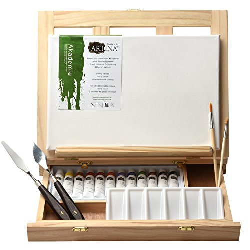 Artina Kit Pittura Milano con cavalletto da Tavolo Tela pittorica 20x30cm Colori acrilici pennelli spatoline e tavolozza - 2