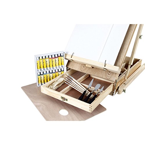 Artina Set di Pittura con Cassetta cavalletto Madrid Colori acrilici 2 Tele Bianche spatole 1 Kit pennelli Legno di Pino - 7