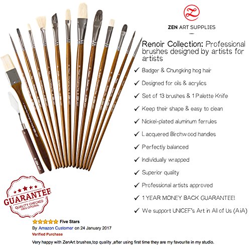 Pennelli Professionali per Colori ad Olio e Acrilici – Misto Setole Sintetiche e di Tasso, & Chungking – Manici Lunghi – Custodia Elegante a Rotolo – Renoir Collection da 14 Pezzi della ZenArt - 2