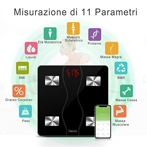 Bilancia Impedenziometrica iTeknic Bilancia Pesa Persona Digitale Massa Grassa Bluetooth Misura Precisa di Peso, Massa Magra, Massa Muscolare, BMI, Massa Ossea per Dispositivi iOS e Android - 3
