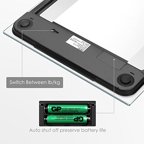 Deik Bilancia Pesapersone Digitale alta Stabilità Piattaforma Vetro Temperato con LCD Schermo Retroilluminato,Tecnologia Step-on, includere metro a nastro e batteria AAA, 5kg-180kg - 5