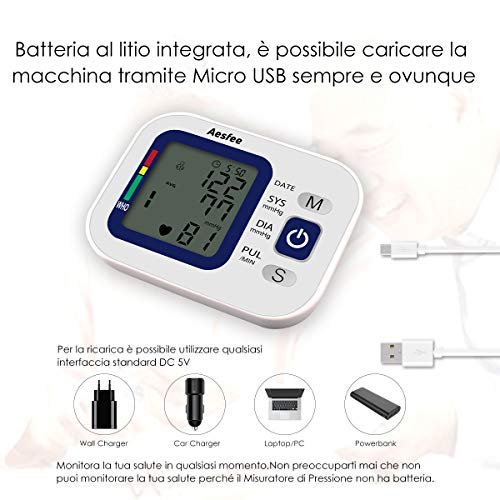 Misuratore di Pressione da Braccio Professionale,Sfigmomanometro Digitale con USB Ricaricabile Misurazione Automatic di Pressione Arteriosa e Battito Cardiaco,2 x 99 Misurazioni Memoria - 4