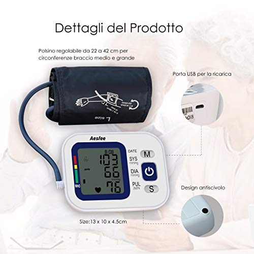 Misuratore di Pressione da Braccio Professionale,Sfigmomanometro Digitale con USB Ricaricabile Misurazione Automatic di Pressione Arteriosa e Battito Cardiaco,2 x 99 Misurazioni Memoria - 6