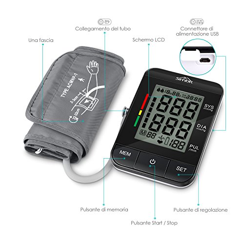 Misuratore di Pressione,SIMBR Sfigmomanometro da Braccio Schermo Retroilluminazione Memoria (2 × 90) Certificato CE FDA ROHS Ricarica Batteria o USB - 6